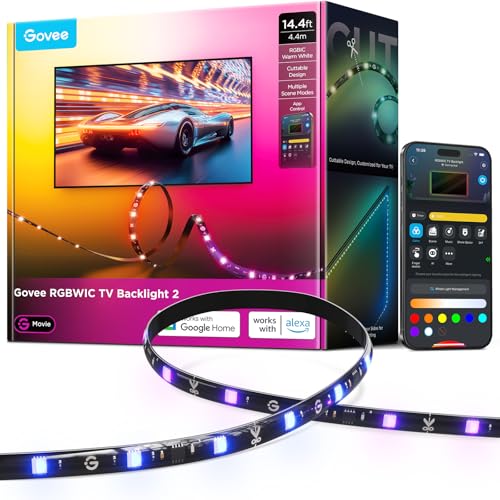 Govee Rétroéclairage TV LED 4,4m RGBWIC pour 32-70" - 210+ Modes Scène, Synchronisation Musique + Alexa, Installation Fa